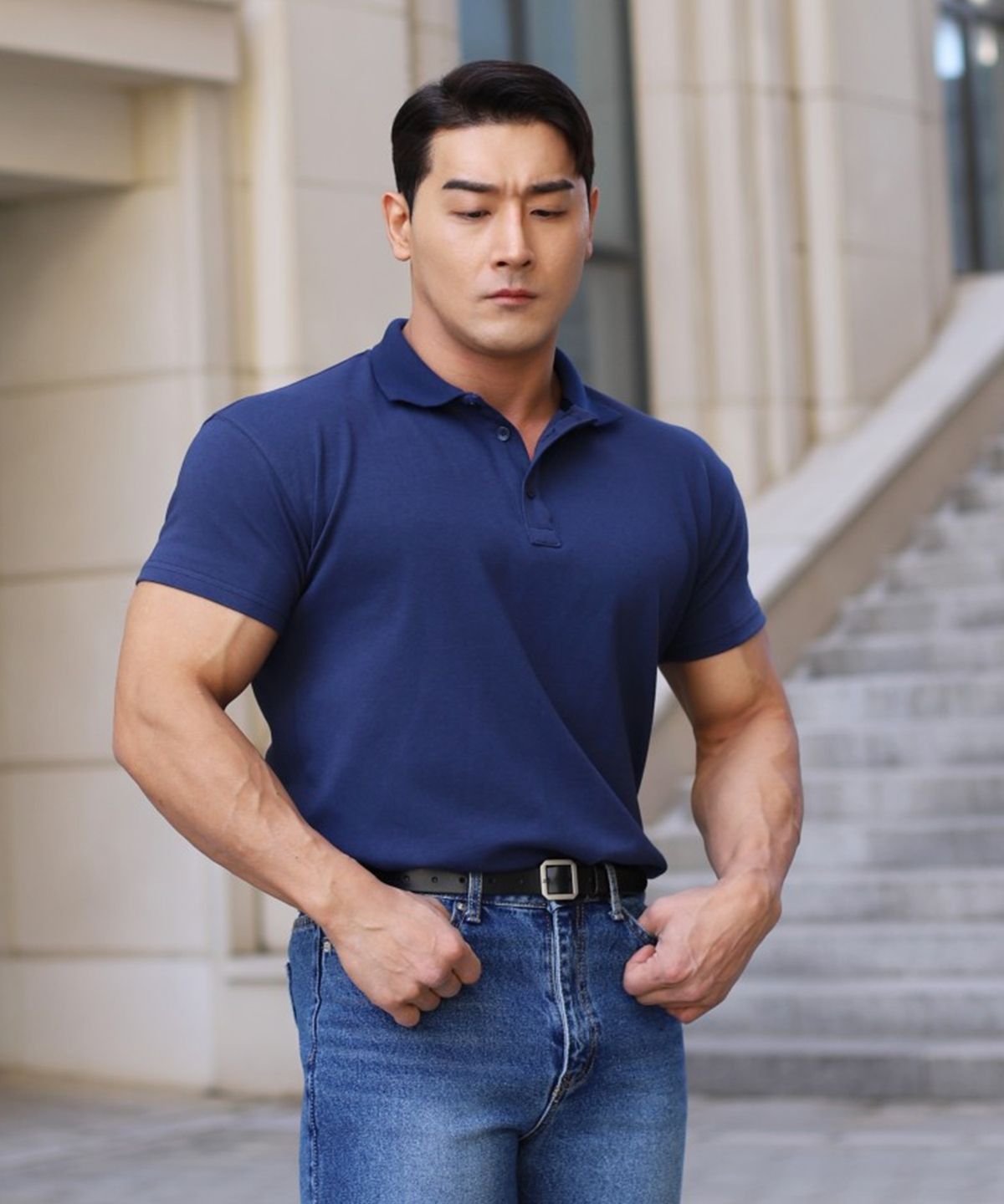 보스트핏(BOASTFIT) 시그니처 코튼모달 머슬핏 카라티 오션네이비