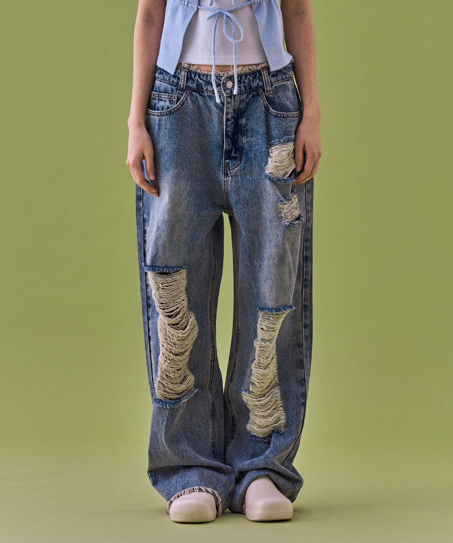 デニム・ジーパン NASTY FANCY CLUB [NF] DESTROYED WIDE DENIM PANTS 4BTR630 MUSINSA | FANCY CLUB [NF] Destroyed wide denim pants (BLUE)_