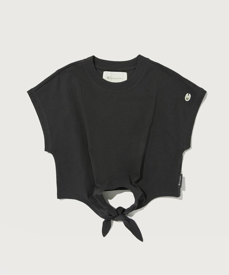 여성 프론트 타이 크롭 반팔 티셔츠 Charcoal Grey