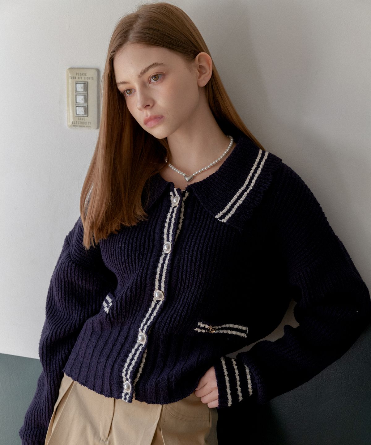 아노에틱(ANOETIC) COMBI COLLAR KNIT CARDIGAN_NAVY