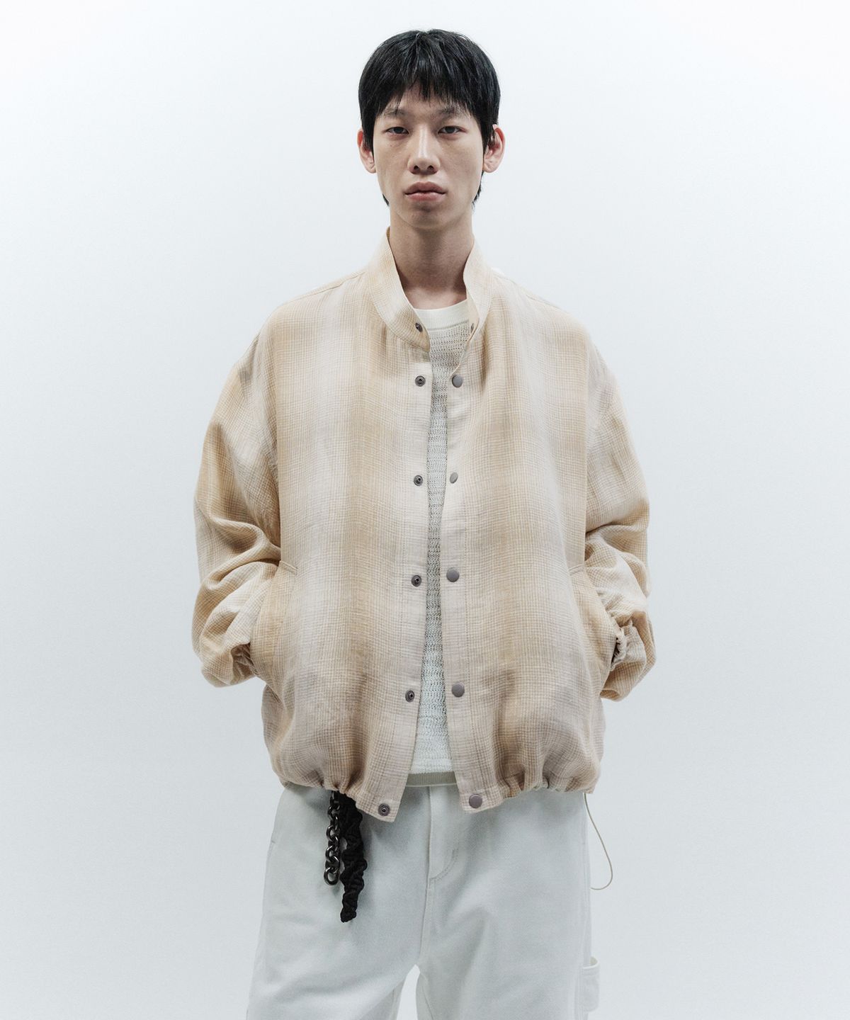 인사일런스(INSILENCE) 린넨 체크 블루종 BEIGE