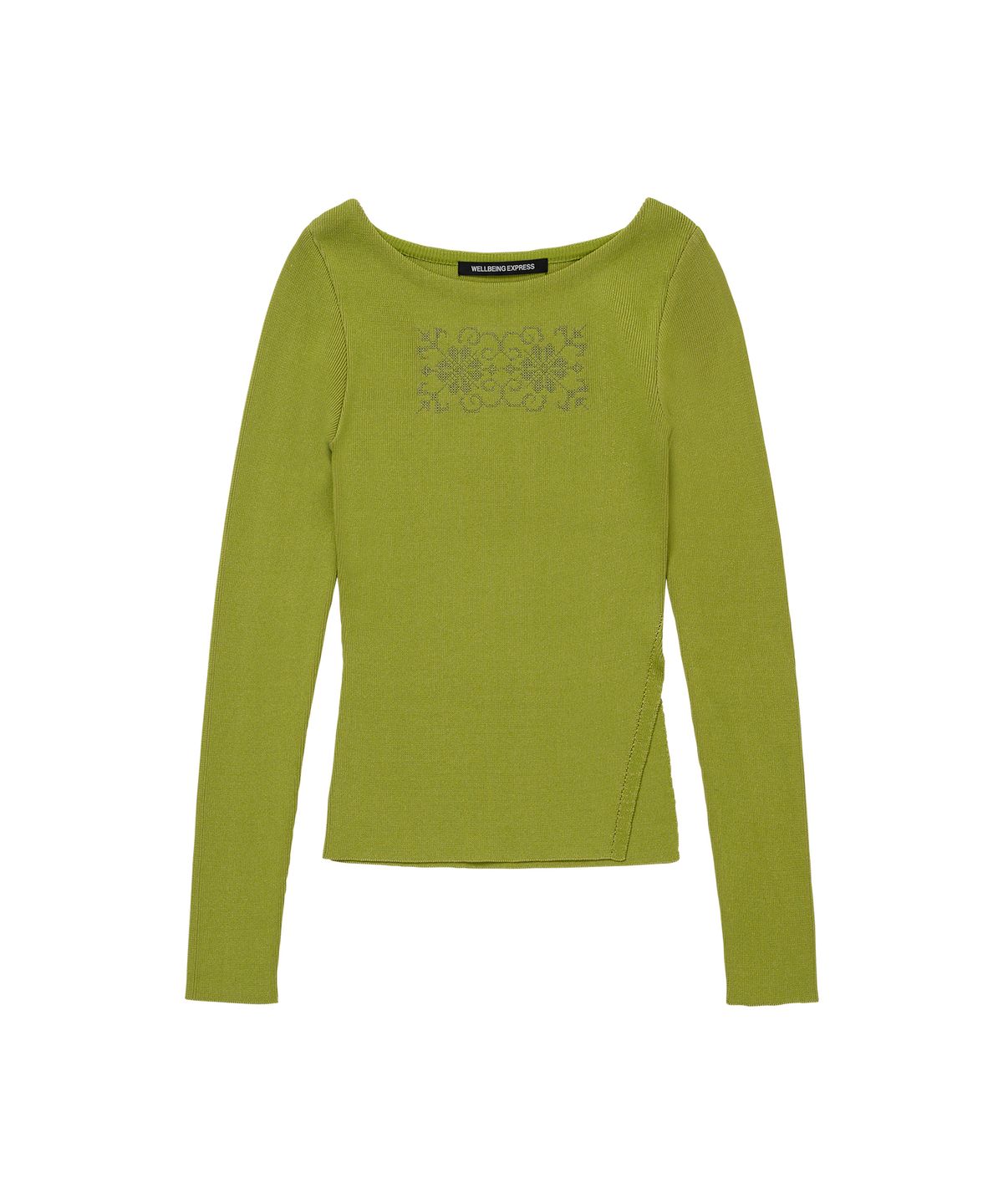 웰빙익스프레스(WELLBEING EXPRESS) Embroidered Slit Knit Top Leaf Green