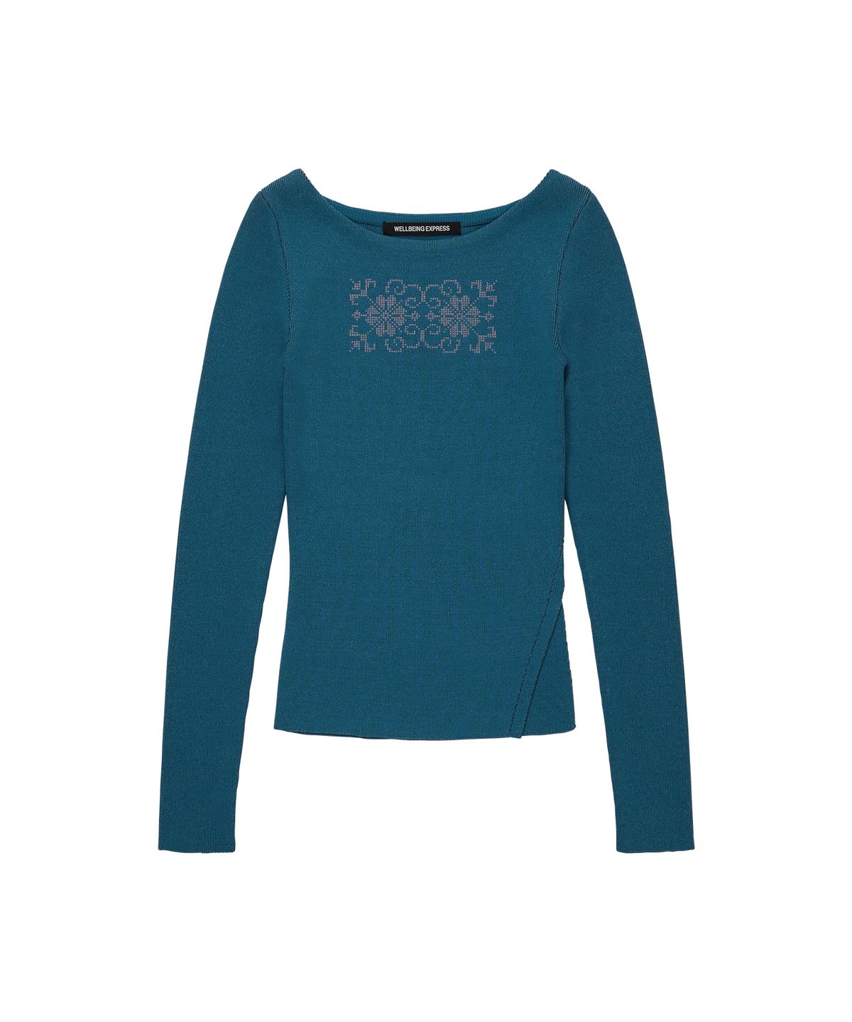 웰빙익스프레스(WELLBEING EXPRESS) Embroidered Slit Knit Top Teal