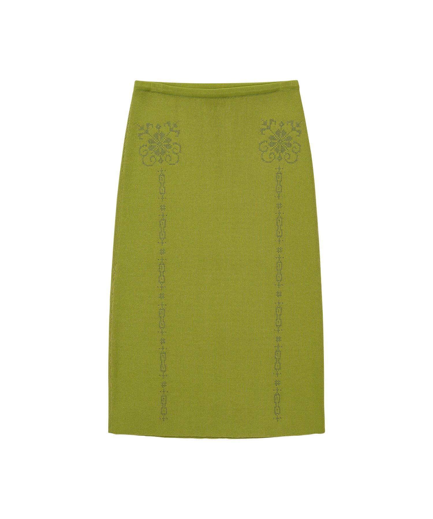 MUSINSA WELLBEING EXPRESS Embroidered Knit Midi Skirt Leaf Green