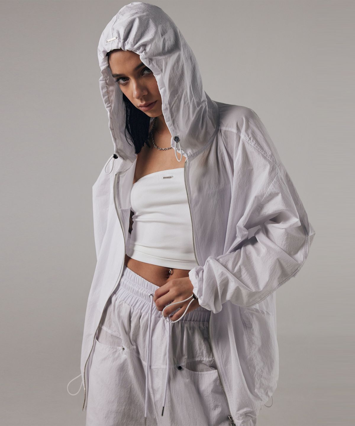 트리밍버드(TREEMINGBIRD) Round Rivet Nylon Set-up Hoodie Zip-up [ White ]