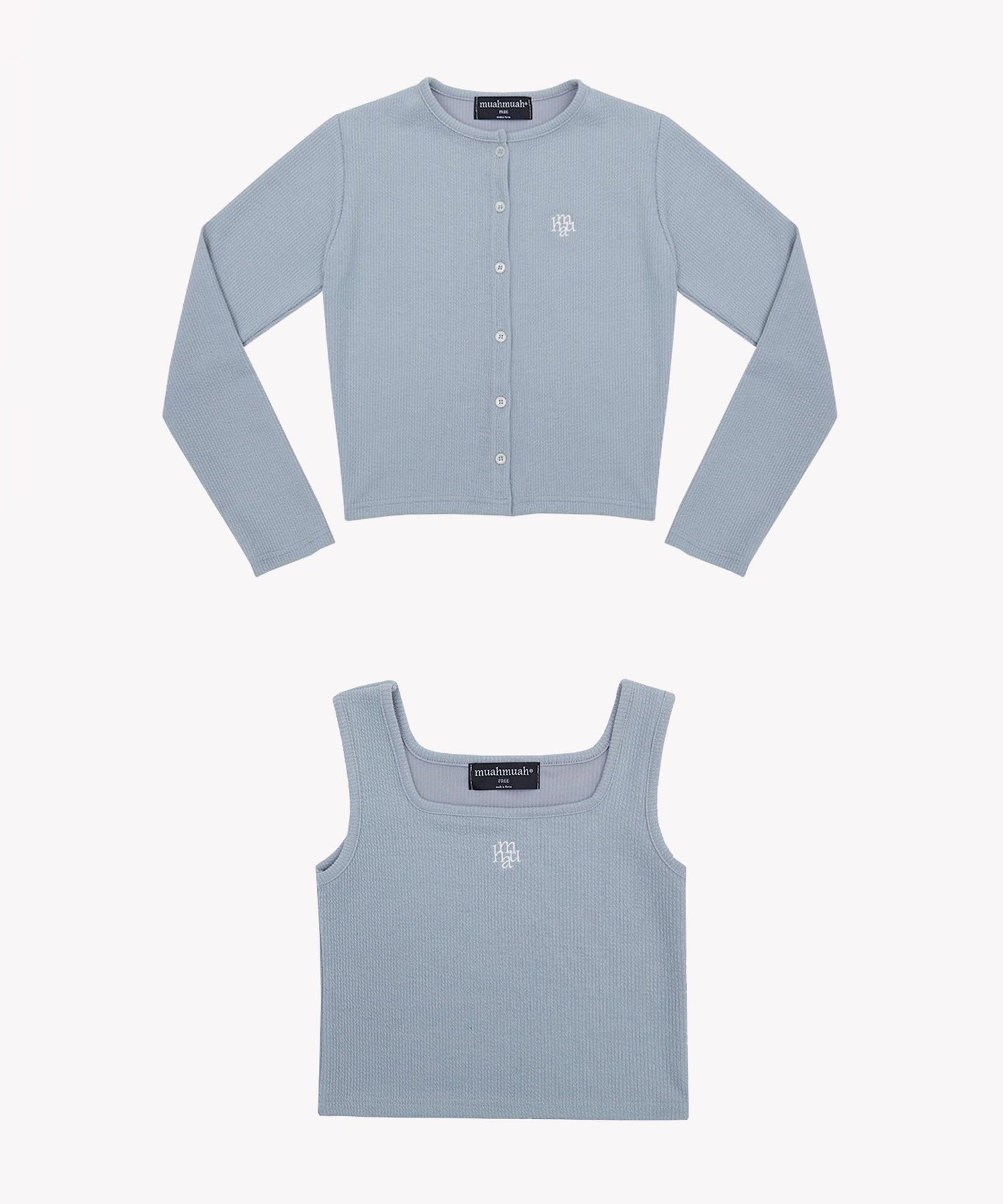 MUSINSA | MUAHMUAH [SET] Logo Slim Fit Knit Cardigan Sleeveless [Mint]