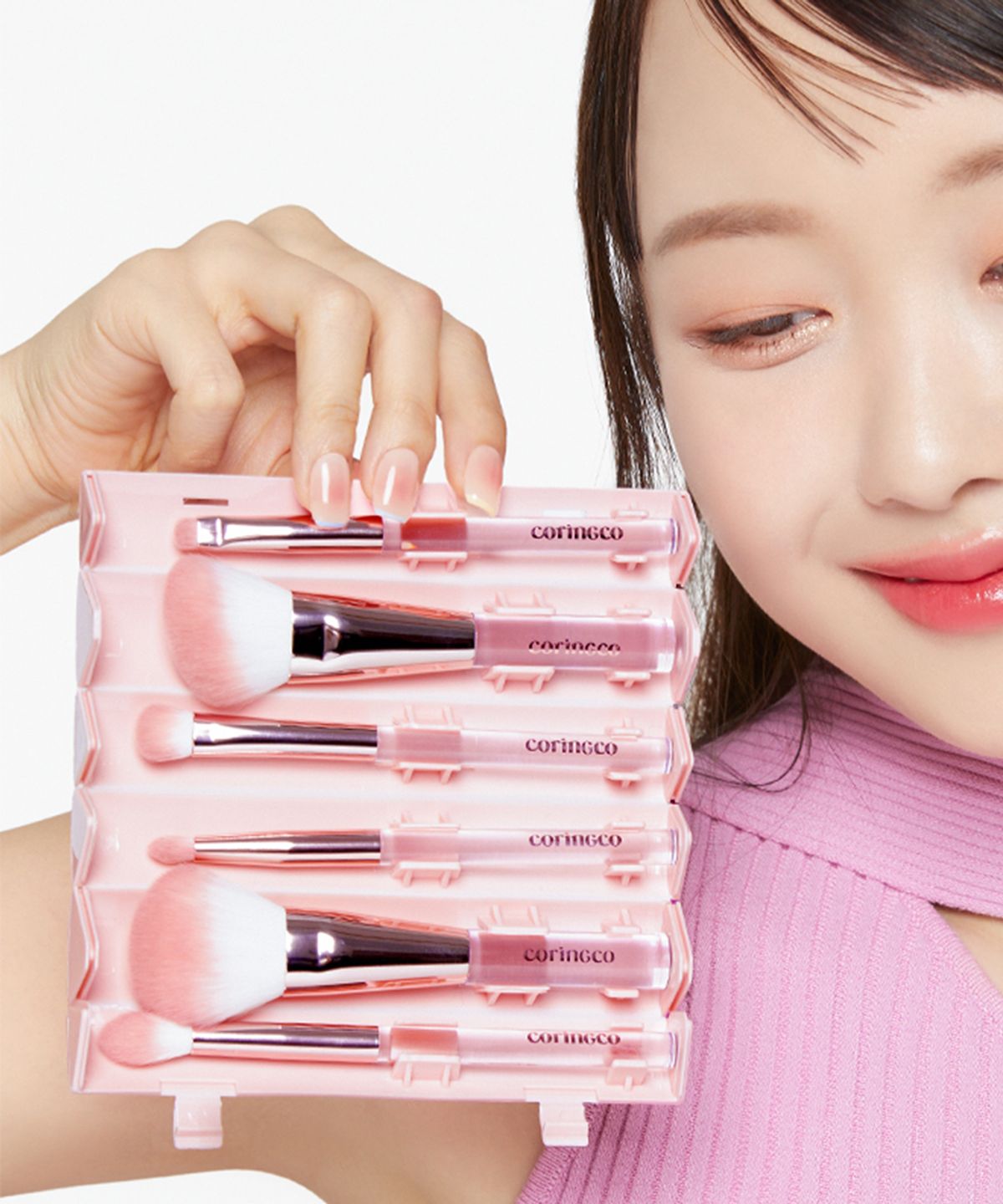 코링코(CORINGCO) 핑크 롤 메이크업 브러쉬 세트 6pcs