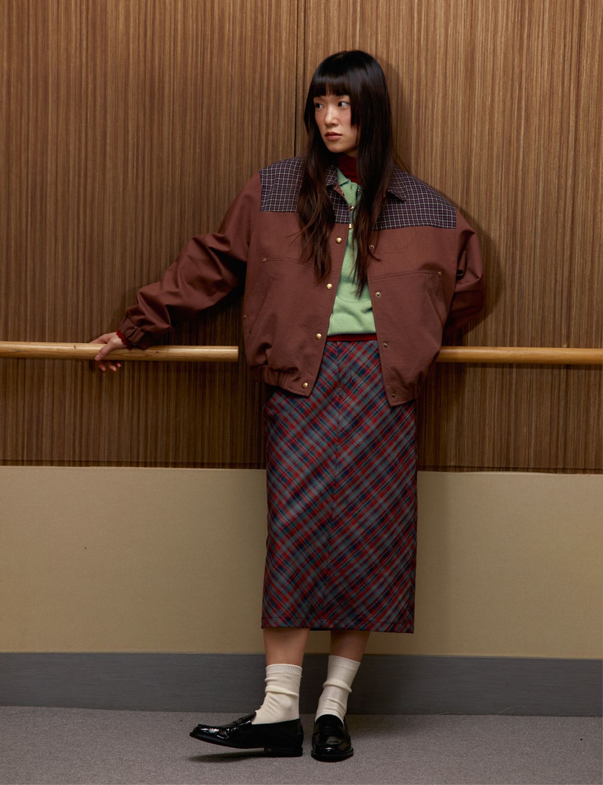 시엔느(SIENNE) Brun Checked Bomber Jacket (Red Brown)