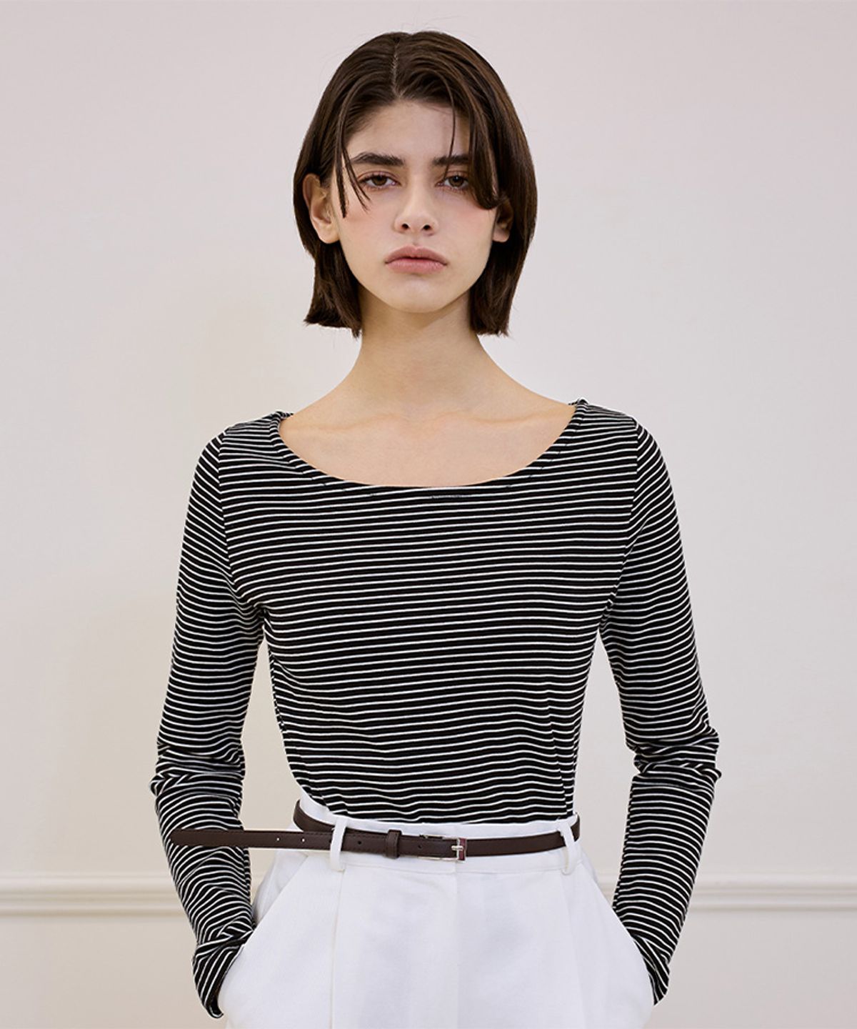 드헤베(DEHEVE) Stripe Boatneck T-shirt [Black]