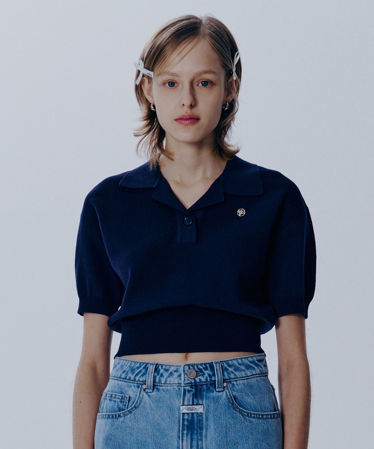 마리떼 프랑소와 저버(MARITHÉ + FRANҪOIS GIRBAUD) W OPEN COLLAR CROP HALF KNIT navy
