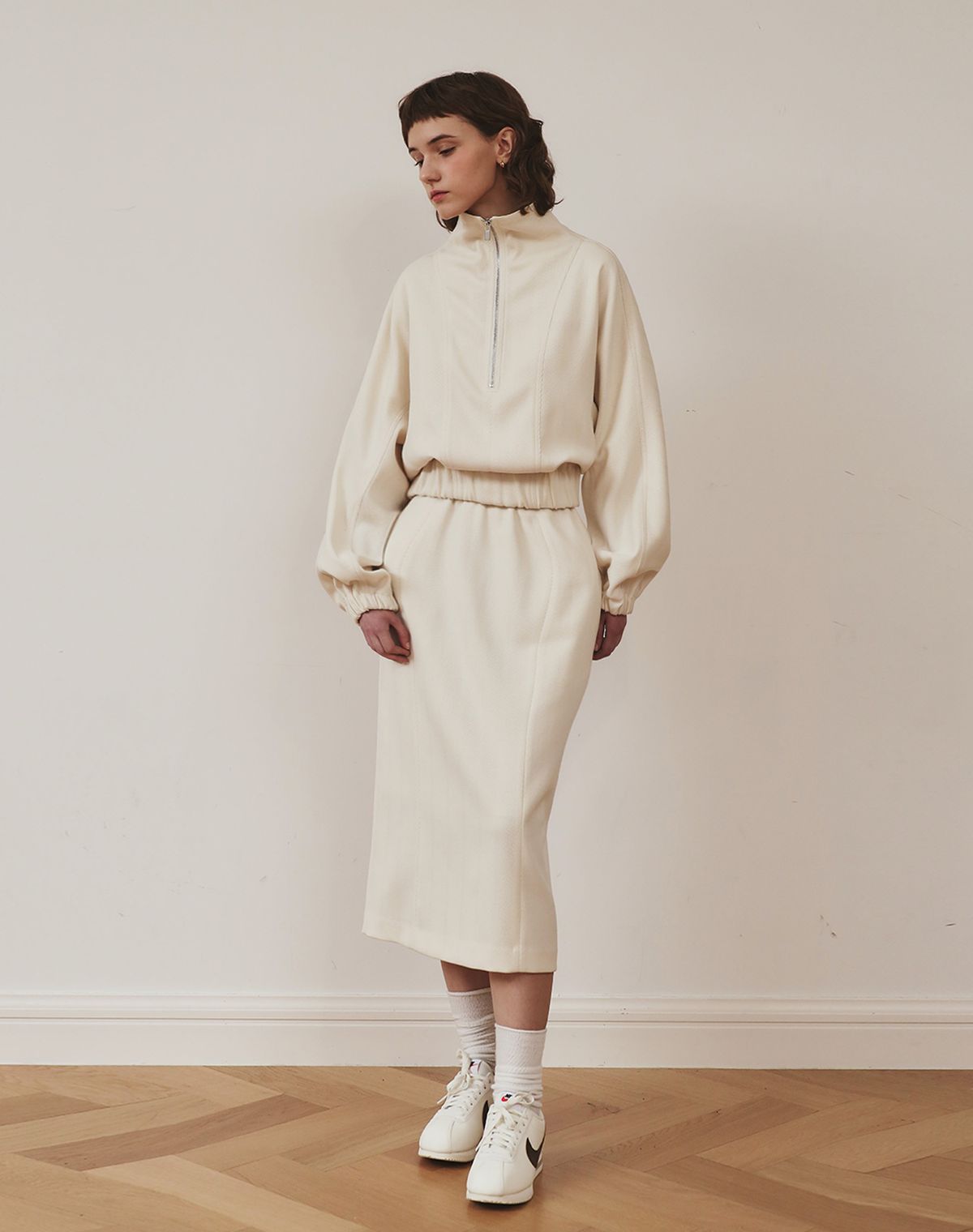 지에마르(GIEMAR) HERRINGBONE H LINE SKIRT IVORY/GRAY