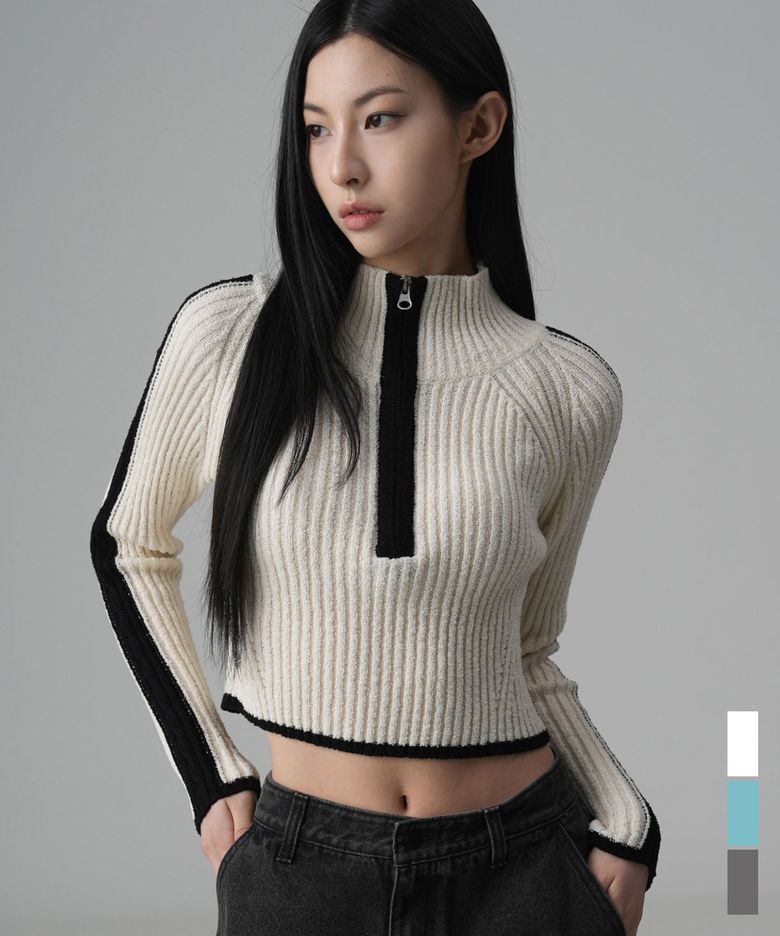 High-neck Half Zip-up Crop Knit -3COL