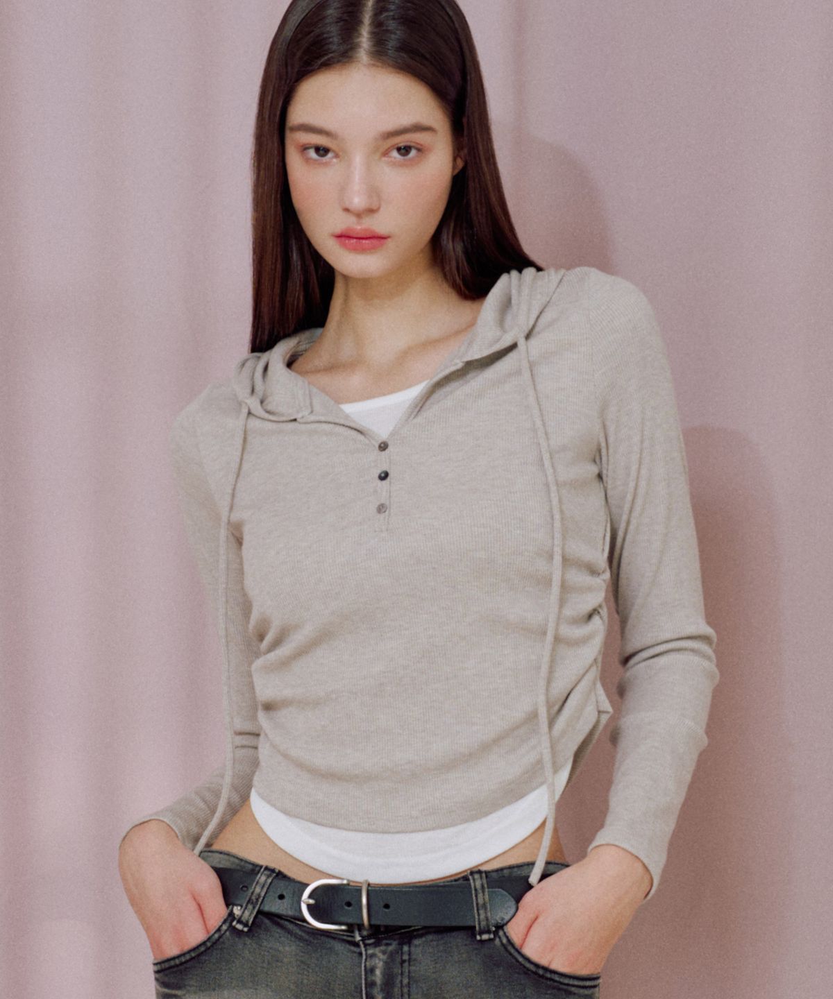 제로플래닛(ZEROPLANET) 에바 버튼 레이어드 니트 후드 [GREY]