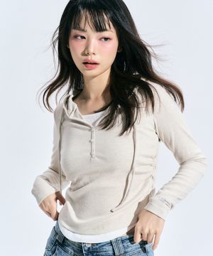 에바 버튼 레이어드 니트 후드 [OATMEAL]