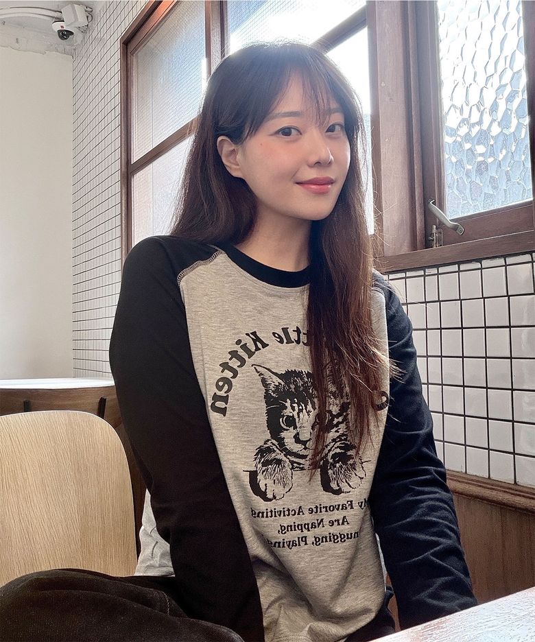 라글란 슬리브 고양이 티셔츠  멜란지그레이