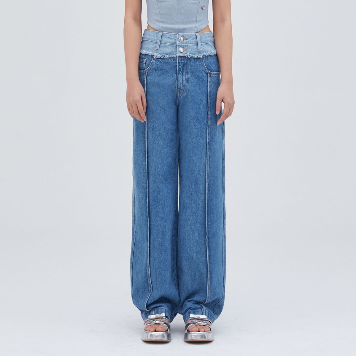 라라폭스(LALAFOX) DOUBLE COLOR BLOCK DENIM PANTS BLUE BQ2DP004