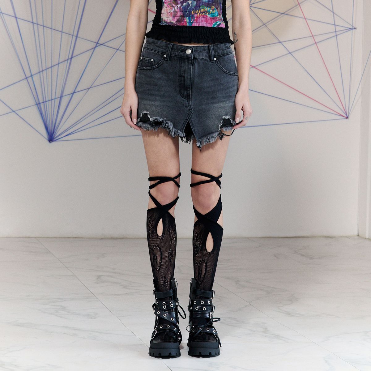 라라폭스(LALAFOX) LAYERED DENIM SHORTS BLACK BQ2DP002
