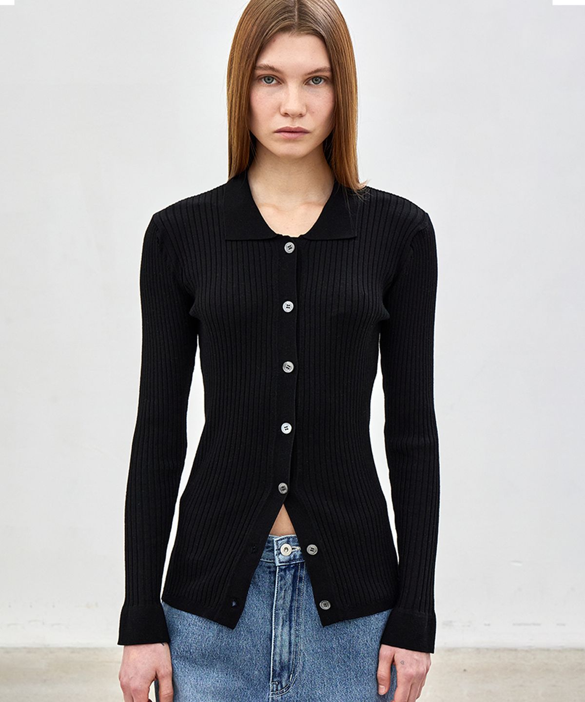 노티아(NOTIA) SLIM FIT COLLAR KNIT CARDIGAN - BLACK