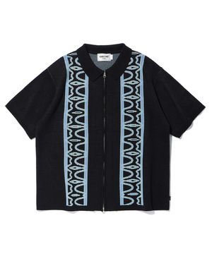 HALF WORMHOLE KNIT ZIP-UP BLACK