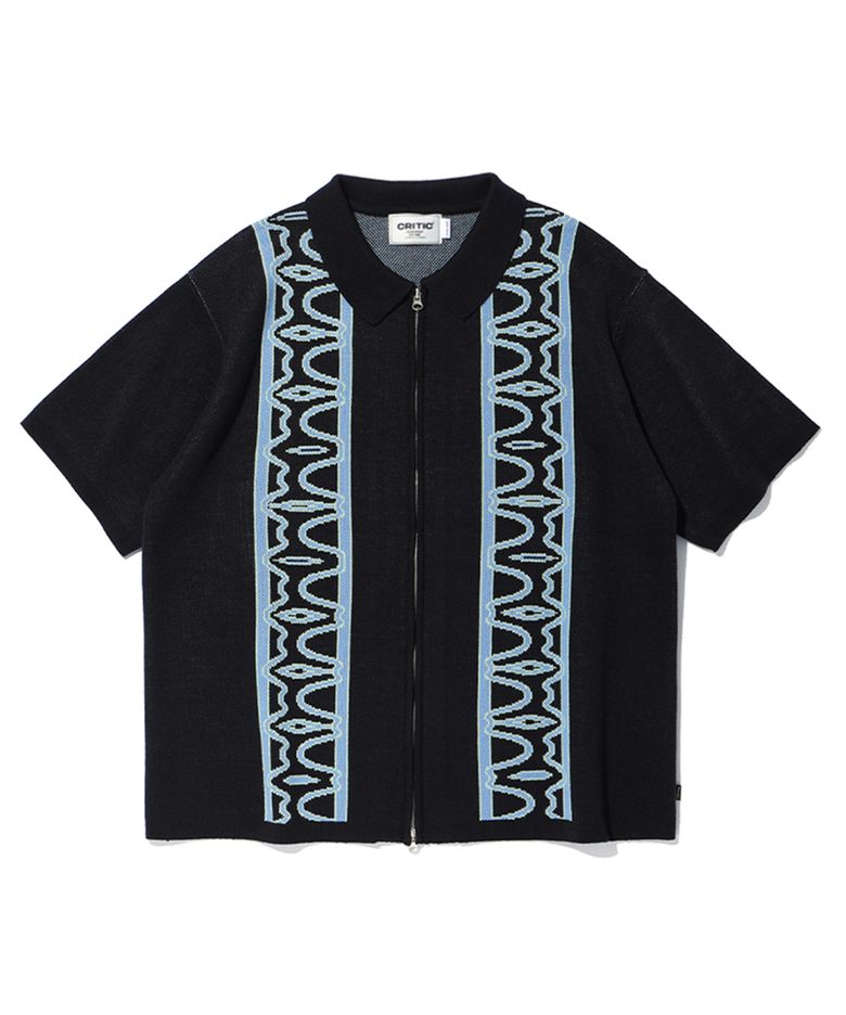 HALF WORMHOLE KNIT ZIP-UP BLACK