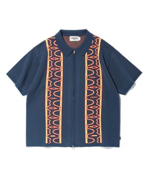 HALF WORMHOLE KNIT ZIP-UP BLUE