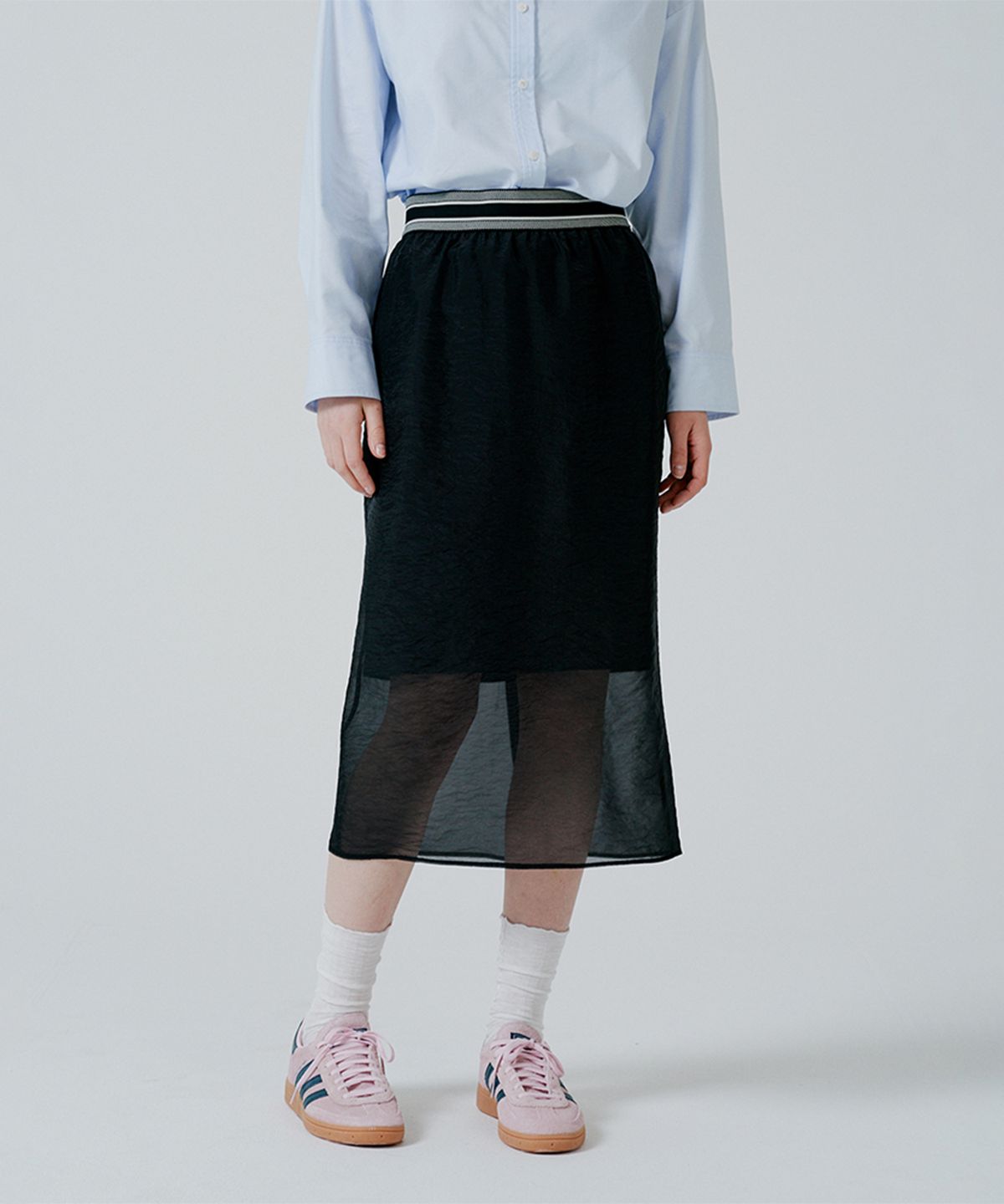 핀블랙(PINBLACK) 레이어드 슬릿 미디 스커트