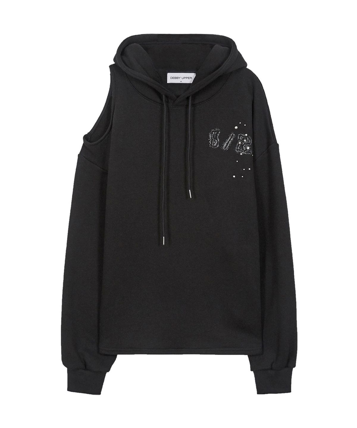 데비어퍼(DEBBY UPPER) ONE SHOULDER CUTOUT HOODIE_BLACK