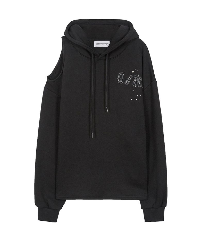 ONE SHOULDER CUTOUT HOODIE_BLACK