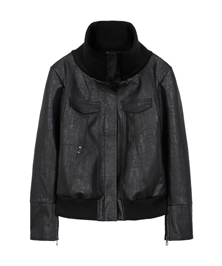 HIGH NECK LINE FAUX LEATHER JACKET_BLACK