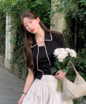 프릴 패턴 하프슬리브 가디건  (블랙)