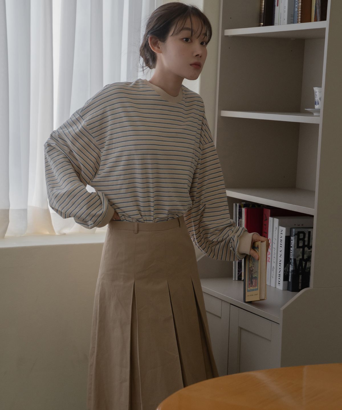 바니쉬먼트(VANISHMENT) Pocket stripe supersize long sleeve t-shirt_beige