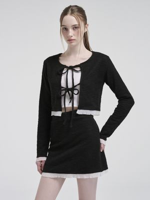 Frill Tweed Cardigan, Black