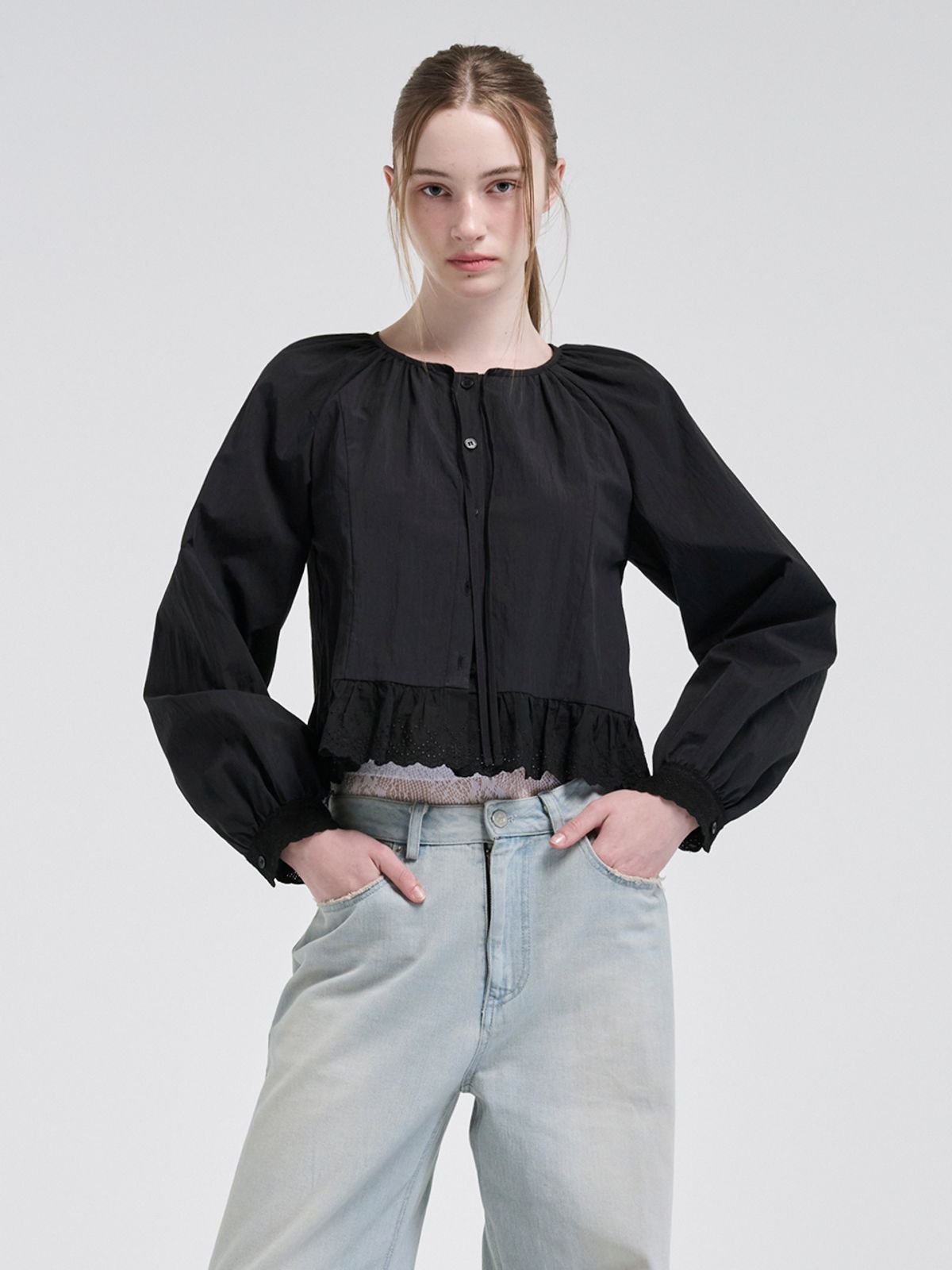 에트몽(ETMON) Lace Shirring Blouse, Black