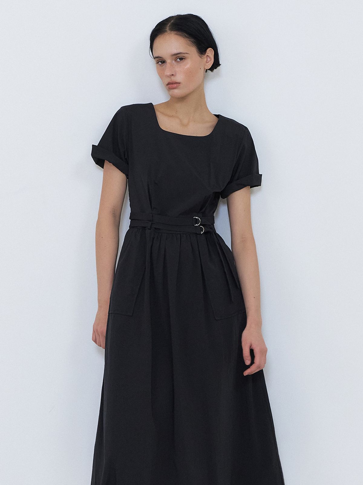 에트몽(ETMON) 2-Way Sleeve Belted Dress, Black