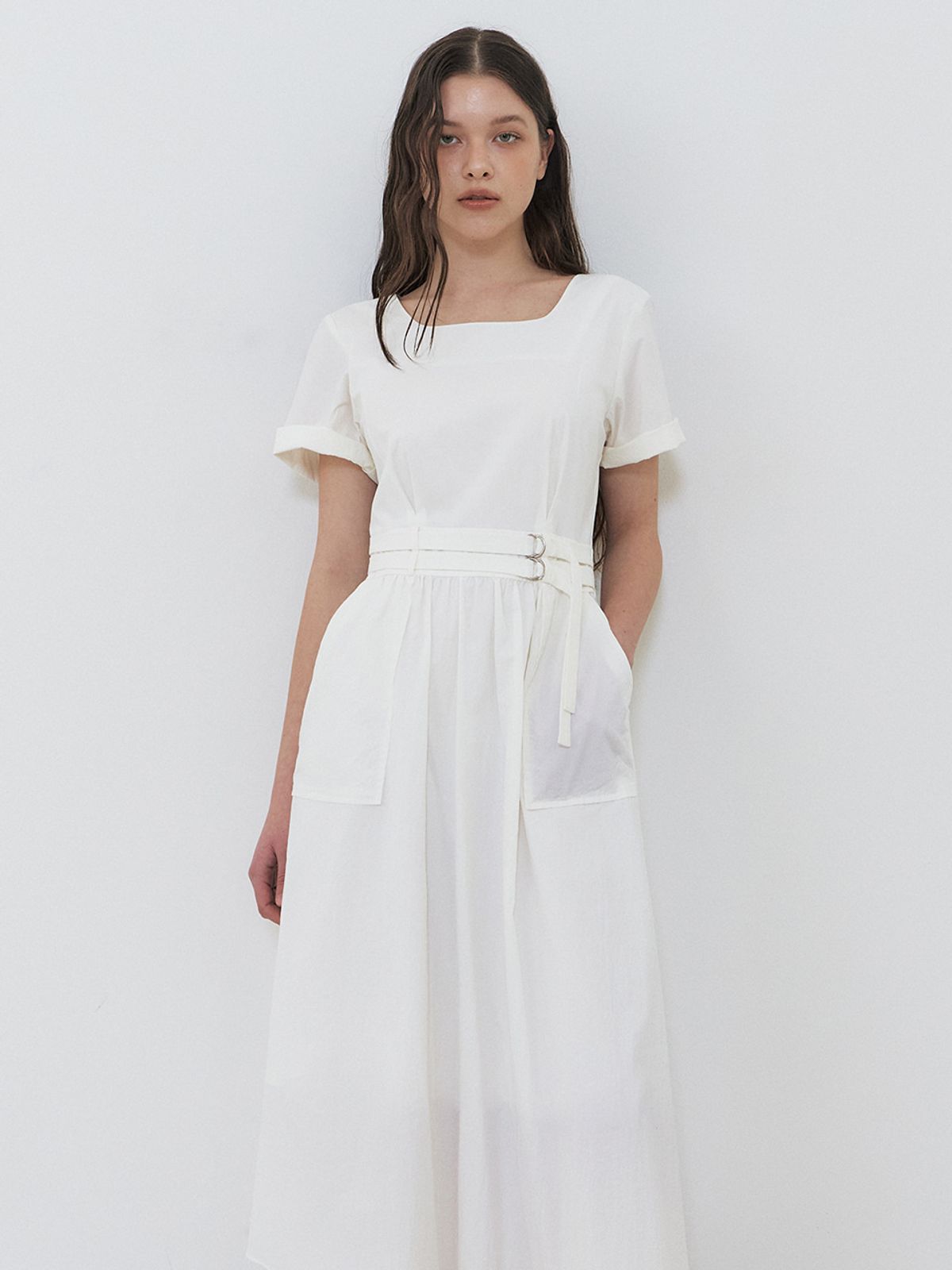 에트몽(ETMON) 2-Way Sleeve Belted Dress, White