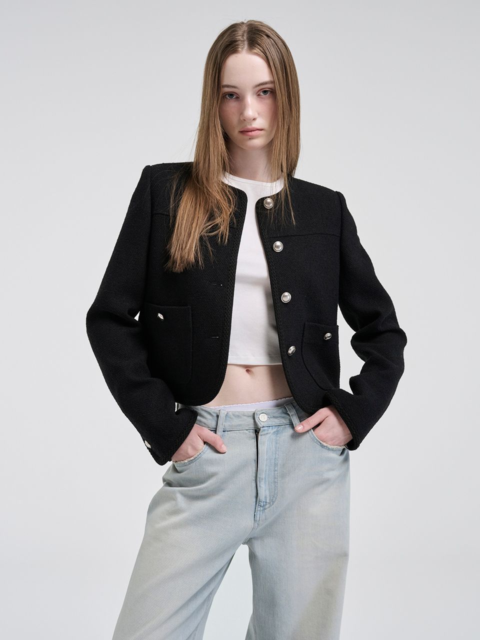 ジャケット ETMON Curved Boucle Tweed Jacket, Black MUSINSA | ETMON Curved Round Tweed Jacket, Black