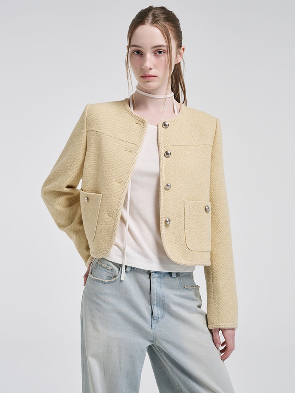 ジャケット ETMON Curved Round Tweed Jacket, Yellow MUSINSA | ETMON Curved Round Tweed Jacket, Yellow