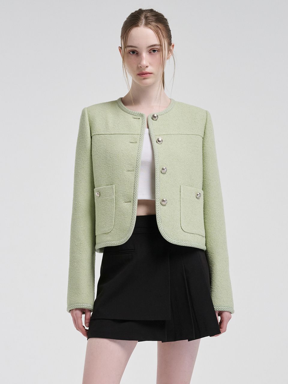 ジャケット ETMON Curved Round Tweed Jacket, Light Green MUSINSA | ETMON Curved Round Tweed Jacket, Light Green