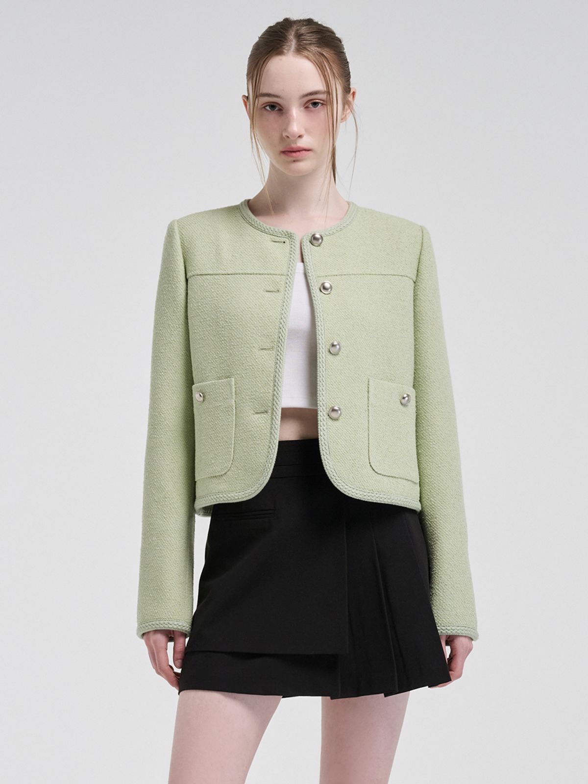 에트몽(ETMON) Curved Round Tweed Jacket, Light Green