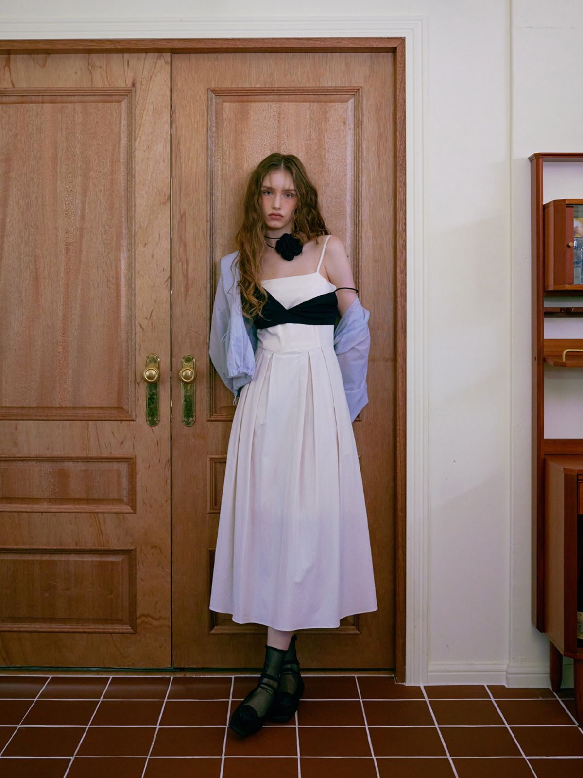 에트몽(ETMON) Slip Texture Blend Pleats Dress, Cream Ivory