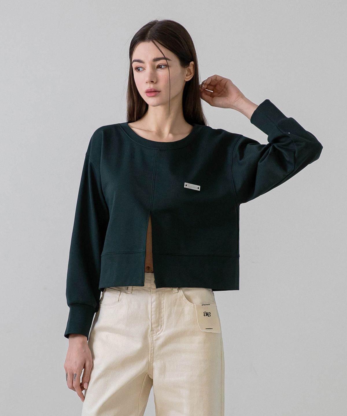 논앤논(NON AND NON) Layered Slit Point Sweatshirt_NSTS429 (Deep green)