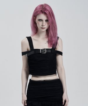 BLACK BELTED LACE TOP