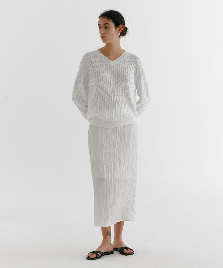 PLEATS CASUAL SATIN SKIRT_IVORY