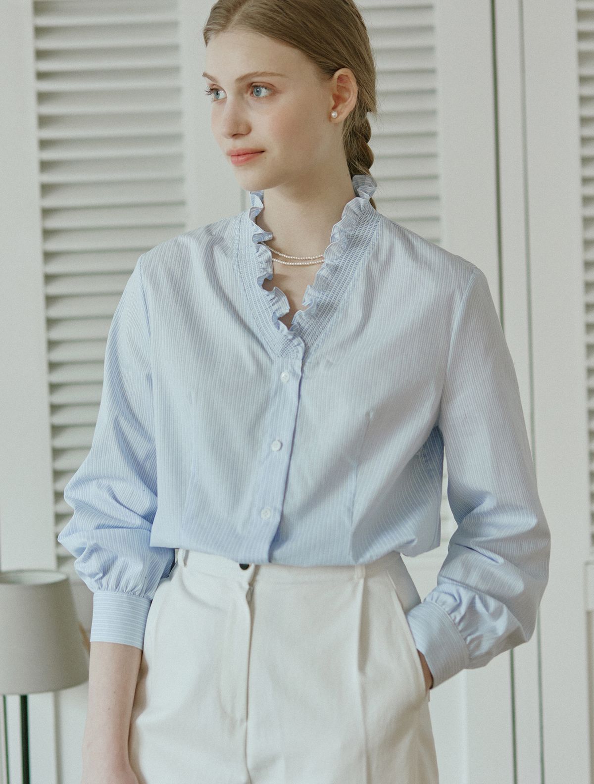 논로컬(NONLOCAL) Frill Collar Stripe Blouse - Blue