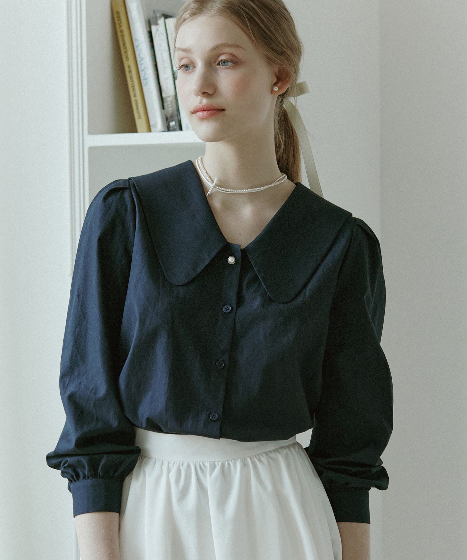 MUSINSA | NONLOCAL Round Sailor Collar Blouse - Navy