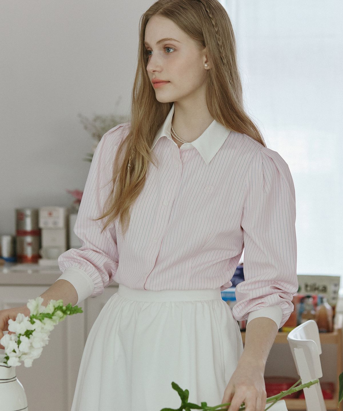 논로컬(NONLOCAL) Puff Sleeve Stripe Shirts - Pink