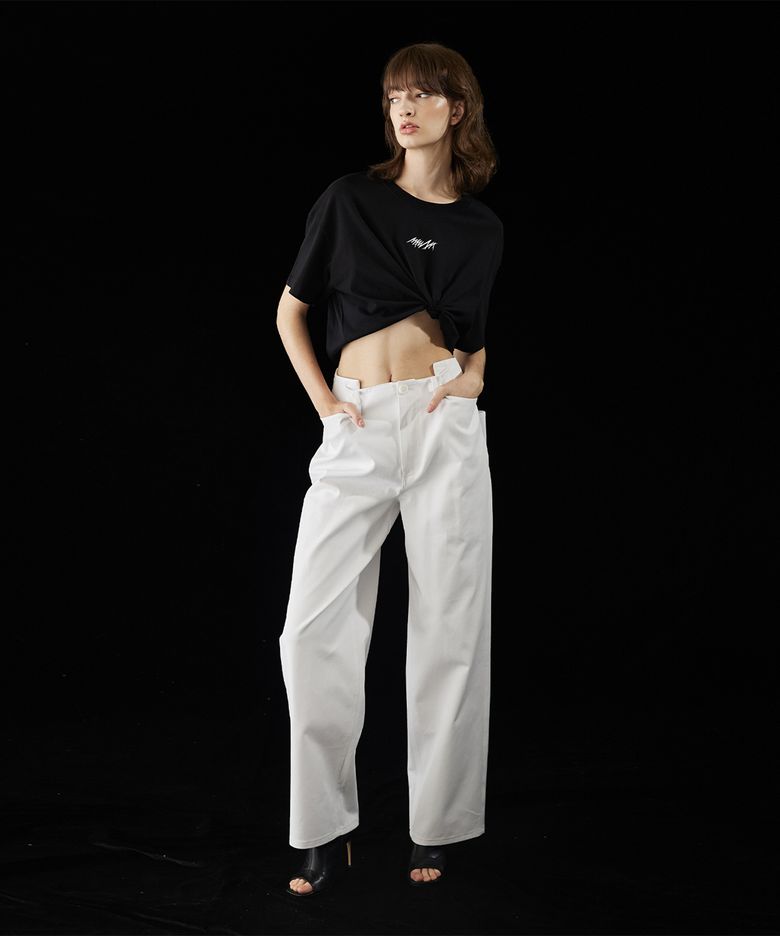 Pin tuck wide denim pants