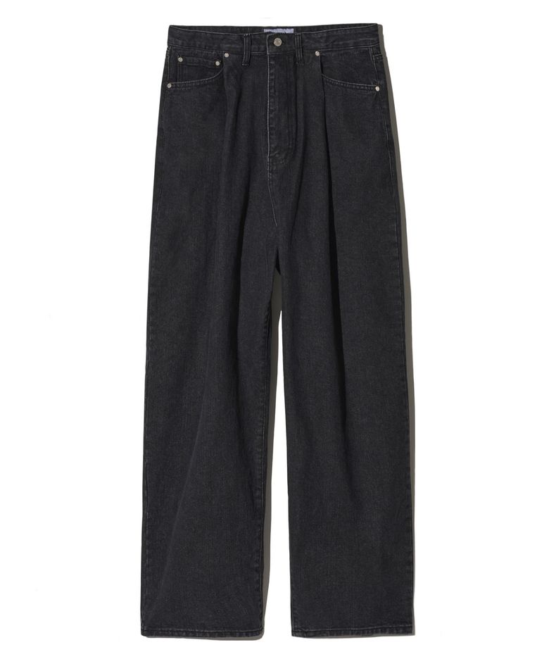 Wide Tuck Denim Pants - Black