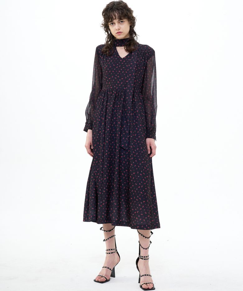 MAXI TIE NECK DRESS_BLACK RED