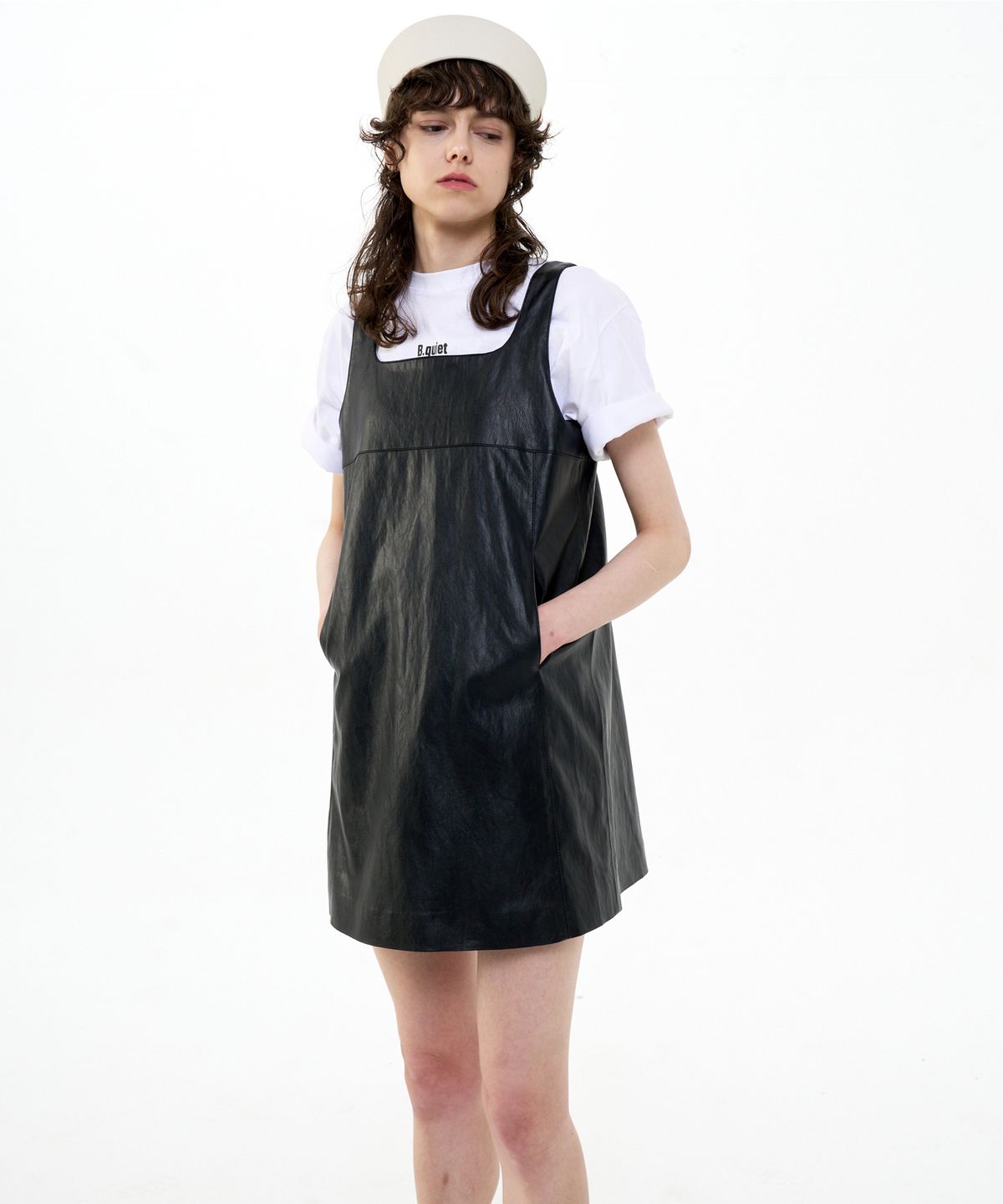 비콰이엇(B QUIET) A-LINED FAUX LEATHER MINI DRESS_BLACK